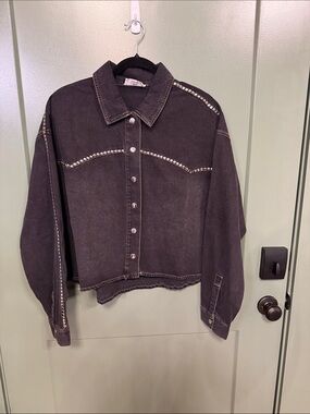 NEW Peach Love California Black Studded snap-Down Shirt jacket denim